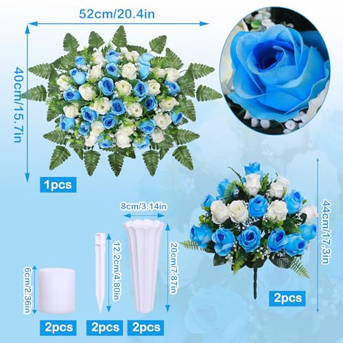 Product: Lodou 3 Pcs Artificial Cemetery Flower Saddles, Rose Headstone Flower Saddle,Cemetery Memorial Flowers with Vase for Outdoor Grave Tombstone Decorations ﻿ (Blue White)
