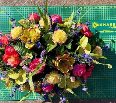 Product: Jucgghk Vivid and Realistic Floral Art Headstone Flower Saddle,Artificial Memorial Day Cemetery Flowers for Outdoor Gravestone Decorations (Yellow,Pink)