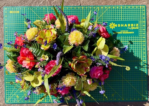Product: Jucgghk Vivid and Realistic Floral Art Headstone Flower Saddle,Artificial Memorial Day Cemetery Flowers for Outdoor Gravestone Decorations (Yellow,Pink)