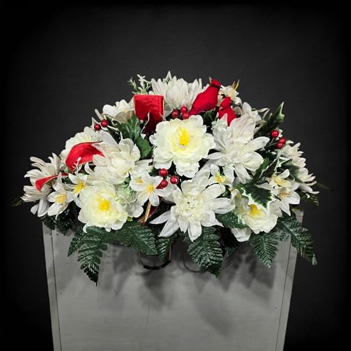 Product: White Peonies Winter Headstone, Spider Mum Silk Grave Flowers for Cemetery Cone Garland for Table Centerpiece Holiday Party Weddi