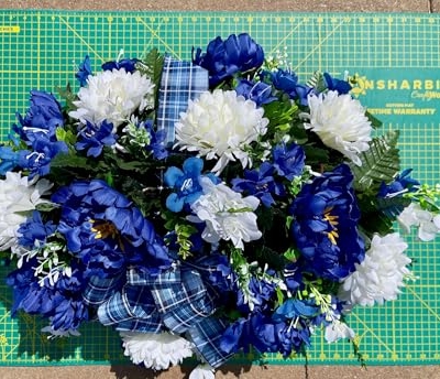 Product: Jucgghk Vivid and Realistic Floral Art 36" Blue and White with Bow Cemetery Saddle,Artificial Cemetery Flower Saddles for Graves,Outdoor Tombstone Headstone Decorations