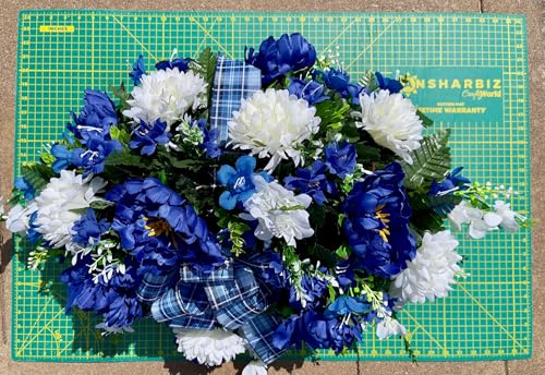 Product: Jucgghk Vivid and Realistic Floral Art 36" Blue and White with Bow Cemetery Saddle,Artificial Cemetery Flower Saddles for Graves,Outdoor Tombstone Headstone Decorations