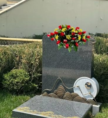 Product: Jucgghk Vivid and Realistic Floral Art Red-Yellow Artificial Headstone Cemetery Saddle, 22-24” Cemetery Flower Arrangement, Artificial Flowers for Grave Tombstone Decorations