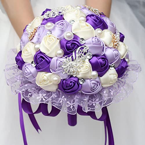 Product: Gkvszy Purple Bridal Wedding Bouquet with Rhinestone Brooch Pearl Bouquet for Bride Bridesmaid Quinceanera Satin Rose Flower Bouquet Wedding Purple and Lilac and Ivory 9.5in