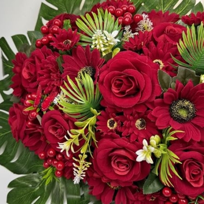 Product: HENOMO Velvet Cemetery Flower Saddle for Grave Decorations,Headstone Flower Saddle-Red Rose Mum and Berry-Non-Bleed Colors