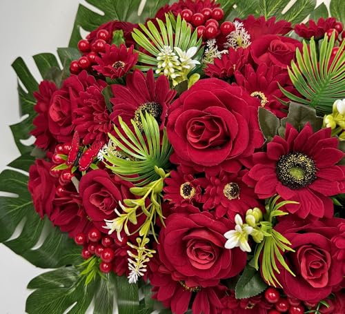 Product: HENOMO Velvet Cemetery Flower Saddle for Grave Decorations,Headstone Flower Saddle-Red Rose Mum and Berry-Non-Bleed Colors
