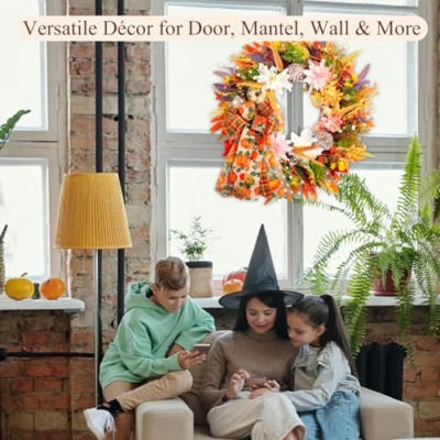 Product: 24" Fall Wreaths for Front Door Outside, Autumn Thanksgiving Harvest Wreath with Pumpkins Dahlias Pinecones & Bow Farmhouse Decoration for Porch Wall Indoor