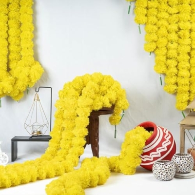 Product: MANTRAMART Artificial Marigold Flower Garlands – Pack of 10 (5 Multicolor & 5 Yellow) – Reusable Decorative Strings for Home, Event, Festival & Party Decor – 4.5 ft Each