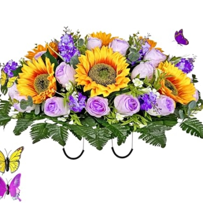 Product: MUVIC Artificial Cemetery Flowers Saddle - Memorial Flowers Bouquet - Outdoor Grave Decorations,Sympathy Flower - Rose Sunflower Hyacinth