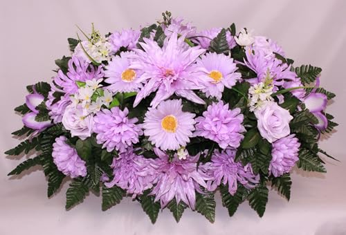 Product: Hshan Light Purple Lavender Mixture Flowers Cemetery Flower Arrangement, Beautiful Cemetery Saddle for Headstone Graves Memorial Day Tombstone
