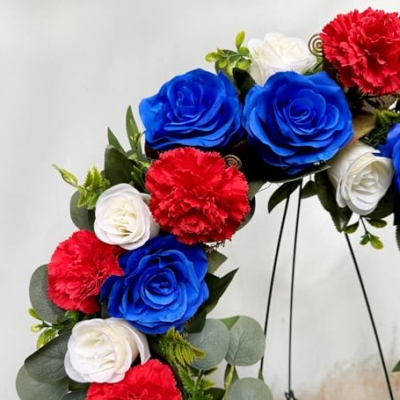 Silky Flower Store Cemetery Wreath, Memorial Day Grave Wreath, Blue White Rose Red Carnation, 2 Flags, 30 Inch Easel Stand, 30 inch 16 16 Product: Saxili Cemetery Wreaths, Memorial Day Grave Wreath with 30 inch Easel Stand,Headstone Wreath Flower with Gravestone Hanger-Artificial Blue/White Rose and Red Carnation,2 Flags Included