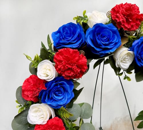 Silky Flower Store Cemetery Wreath, Memorial Day Grave Wreath, Blue White Rose Red Carnation, 2 Flags, 30 Inch Easel Stand, 30 inch 7 7 Product: Saxili Cemetery Wreaths, Memorial Day Grave Wreath with 30 inch Easel Stand,Headstone Wreath Flower with Gravestone Hanger-Artificial Blue/White Rose and Red Carnation,2 Flags Included