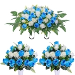 Product: Artificial Cemetery Flower Saddles, Cemetery Memorial Flowers with Vase,Outdoor Grave Saddle Headstone Decorations, Artificial Rose Bouquet Grave Memorial Flowers (Blue White)
