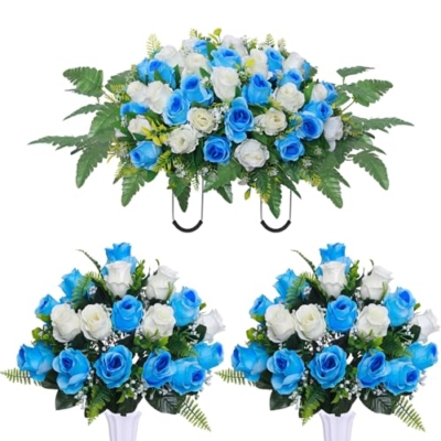 Product: Artificial Cemetery Flower Saddles, Cemetery Memorial Flowers with Vase,Outdoor Grave Saddle Headstone Decorations, Artificial Rose Bouquet Grave Memorial Flowers (Blue White)