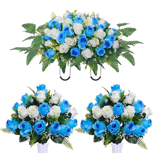 Artificial Cemetery Flower Saddles, Cemetery Memorial Flowers with Vase,Outdoor Grave Saddle Headstone Decorations, Artificial Rose Bouquet Grave Memorial Flowers (Blue White) - Artificial Flower Arrangements Product: Artificial Cemetery Flower Saddles, Cemetery Memorial Flowers with Vase,Outdoor Grave Saddle Headstone Decorations, Artificial Rose Bouquet Grave Memorial Flowers (Blue White)
