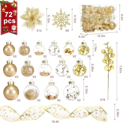 Product: Christmas Tree Ornaments Set, Assorted Big Bling-Bling Hanging Decorations Bulk w/Plastic Glitter Snowflakes, Artificial Poinsettia Flower, Berry Stems for Holiday Indoor Home Wedding Party Decor