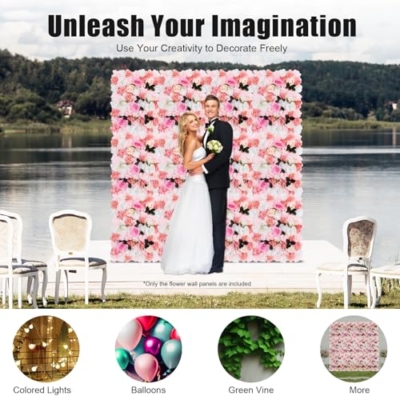 Product: QeuSulio 12PCS Artificial Flower Wall Panel, Fake Dahlias Roses Wall Background Arrangements, Large Silk Floral Backdrop with Different Flowers & Grid for Wedding Venue Decoration Candy Walls