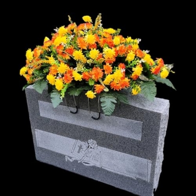 Product: Cemetery Saddle Memorial Decoration - Realistic Silk Faux Floral Artificial Grave Flowers - Orange Yellow Mini Mums for Headstone Decorating