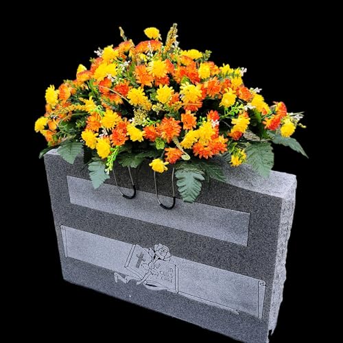 Product: Cemetery Saddle Memorial Decoration - Realistic Silk Faux Floral Artificial Grave Flowers - Orange Yellow Mini Mums for Headstone Decorating