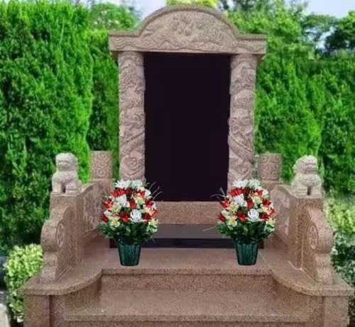 Product: Red Tulips and White Iris Potted Flower Cemetery Arrangement, Graveside Flowers in Weighted Pot for Grave Decoration Garland for Table Centerpiece Holiday Party Weddi