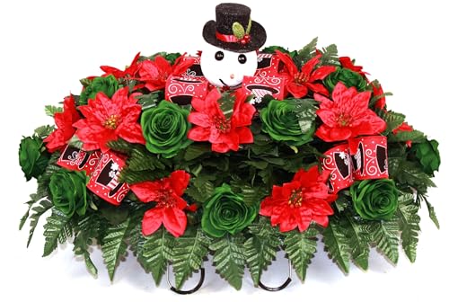 Silky Flower Store Christmas Cemetery Saddle, Red Poinsettias Green Roses Silk Artificial Flowers, 29 Blooms, 24L x 16W x 9H 1 1 Product: Hshan Red Poinsettias and Green Roses Christmas Cemetery Saddle, Silk Artificial Flowers for Memorial Cemetery Vase Arrangements, Thanksgiving or Christmas to Commemorate Loved one