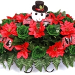 Product: Hshan Red Poinsettias and Green Roses Christmas Cemetery Saddle, Silk Artificial Flowers for Memorial Cemetery Vase Arrangements, Thanksgiving or Christmas to Commemorate Loved one