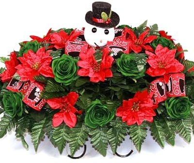 Product: Hshan Red Poinsettias and Green Roses Christmas Cemetery Saddle, Silk Artificial Flowers for Memorial Cemetery Vase Arrangements, Thanksgiving or Christmas to Commemorate Loved one