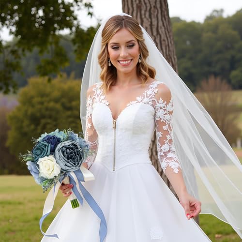 Product: Dusty Blue Bride Bouquet & Bridesmaid Bouquets Set of 2 for Wedding Artificial Roses Flowers Wedding Flowers Bouquets for Bride Bridesmaids Marriage Proposal Party Church Decoration