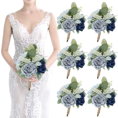Product: Bride Bouquets and Bridesmaid Bouquets Set of 6 for Wedding Dusty Blue Artificial Roses Flowers Bouquets for Bride Bridesmaids Marriage Proposal Party Anniversary Church Decoration