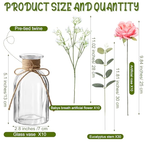 Product: Janinka 10 Set Mini Fake Plants and Artificial Flowers in Vase 10 Glass Vases Fake Silk Roses Eucalyptus Babys Breath Artificial Flowers for Centerpiece Table Decorations Wedding Office Home Decor