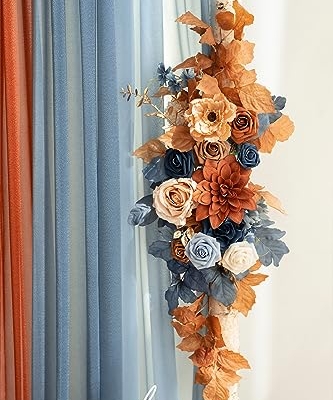 Product: Ling's Moment Fall Wedding Arch Flowers with Sheer Drapes Kit - Artificial Orange and Navy Blue Floral Arrangements for Ceremony Backdrop, Arbor Decor, 5-Piece Set (2 Flower Stems + 3 Hanging Drapes)