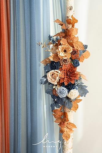 Product: Ling's Moment Fall Wedding Arch Flowers with Sheer Drapes Kit - Artificial Orange and Navy Blue Floral Arrangements for Ceremony Backdrop, Arbor Decor, 5-Piece Set (2 Flower Stems + 3 Hanging Drapes)