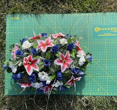 Product: Jucgghk Vivid and Realistic Floral Art Dark Blue Artificial Headstone Cemetery Saddle, 22-24” Cemetery Flower Arrangement,Headstone Flower for Outdoor Grave Decorations
