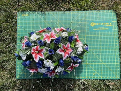 Product: Jucgghk Vivid and Realistic Floral Art Dark Blue Artificial Headstone Cemetery Saddle, 22-24” Cemetery Flower Arrangement,Headstone Flower for Outdoor Grave Decorations