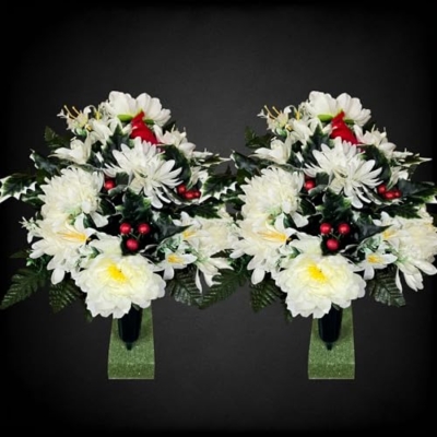 Product: White Peonies Winter Headstone, Spider Mum Silk Grave Flowers for Cemetery Cone Garland for Table Centerpiece Holiday Party Weddi