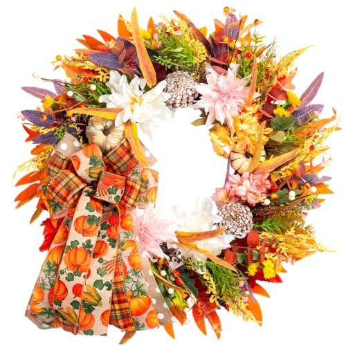 Product: 24" Fall Wreaths for Front Door Outside, Autumn Thanksgiving Harvest Wreath with Pumpkins Dahlias Pinecones & Bow Farmhouse Decoration for Porch Wall Indoor