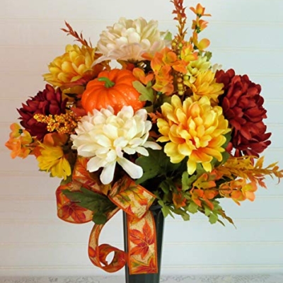 Silky Flower Store Fall Cemetery Grave Arrangement with Mums, Artificial Autumn Florals, Green Cemetery Cone, 19 inch 9 9 Product: Silk Florals & Frills 19 inch Fall Grave Arrangement, Cemetery Arrangement Fall, Fall Cemetery with Mums