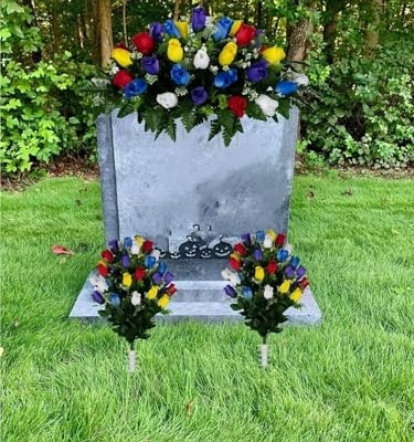 Product: Jucgghk Vivid and Realistic Floral Art Multi Color Rose Bud Cemetery Saddle and Flower Arrangement Set,Artificial 1 Saddle and 2 Bouquets for Gravesite(NO VASE)