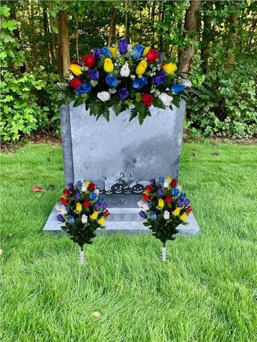 Product: Jucgghk Vivid and Realistic Floral Art Multi Color Rose Bud Cemetery Saddle and Flower Arrangement Set,Artificial 1 Saddle and 2 Bouquets for Gravesite(NO VASE)