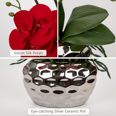 Product: Briful Red Orchid Artificial Flowers 18" Large Silk Orchid with Silver Ceramic Pots Fake Orchid Arrangement for Home Office Bathroom Living Room Table Decoration
