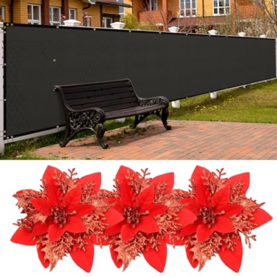 Product: SPORTYOUTH 3ft x 50ft Fence Privacy Screen and 30 Pcs Red Poinsettia Artificial Christmas Flowers with Clips Stems