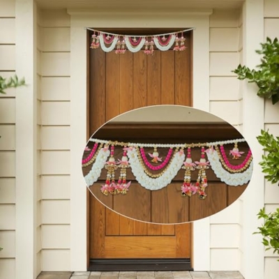 Product: Artificial Toran Door Hanging Set with Mogra Flowers with Moti Garlands Toran Bandanwar for Wedding Entrance for Indian Traditional Festival Home Decorations (Size:- 42" X 6'')(Pink & White)
