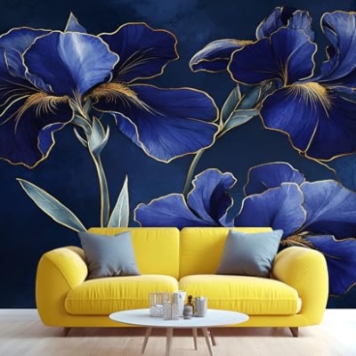 Product: Blue Iris Wall Mural Gold Trimmed Floral Mural Luxury Floral Wallpaper Vintage Dark Flower Murals Modern Themed Wall Art for Living Room Bedroom Kitchen 169.3" x 118.2"