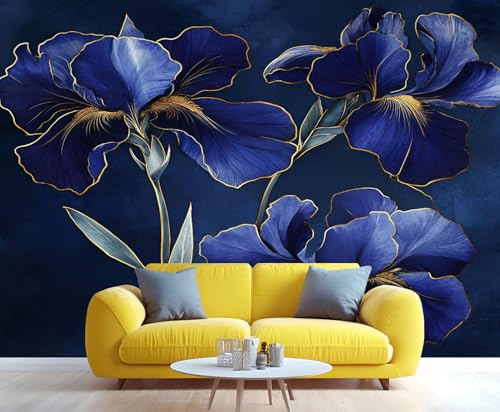 Product: Blue Iris Wall Mural Gold Trimmed Floral Mural Luxury Floral Wallpaper Vintage Dark Flower Murals Modern Themed Wall Art for Living Room Bedroom Kitchen 169.3" x 118.2"