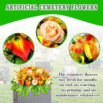 Product: FLOWERIA Artificial Cemetery Flowers - Outdoor Grave Saddle for Headstone Decorations with Orange Roses Tulips