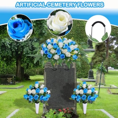 Product: Lodou 3 Pcs Artificial Cemetery Flower Saddles, Rose Headstone Flower Saddle,Cemetery Memorial Flowers with Vase for Outdoor Grave Tombstone Decorations ﻿ (Blue White)