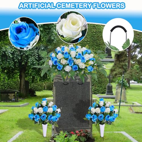 Product: Lodou 3 Pcs Artificial Cemetery Flower Saddles, Rose Headstone Flower Saddle,Cemetery Memorial Flowers with Vase for Outdoor Grave Tombstone Decorations ﻿ (Blue White)