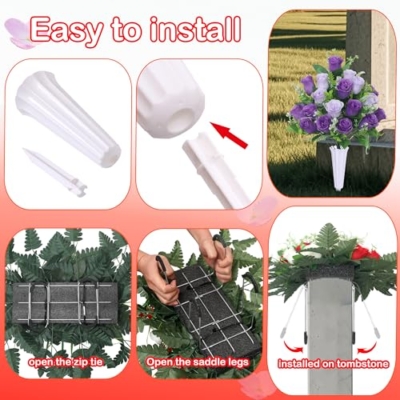 Product: LOSFOTBO 3pcs Headstone Flowers Saddle for Tombstone,Cemetery Flower Memorial Bouquet with Vase,Rose Headstone Flowers Saddle (Purple)