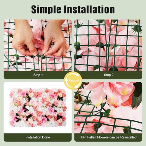 Product: 12-Pack Artificial Flower Wall Panels - 15.7"x23.6" Foam Dahlia & Rose Backdrop for Weddings, Parties - Pink/White/Green Silk Flowers