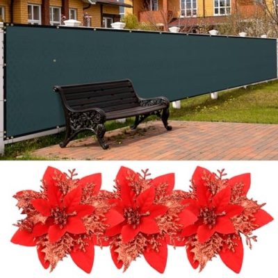 Product: SPORTYOUTH 3ft x 50ft Fence Privacy Screen Green and 30 Pcs Red Poinsettia Artificial Christmas Flowers with Clips Stems